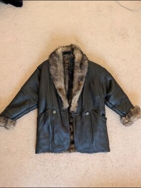 Black Genuine Lambskin Leather Fur Lined Coat - Size 44